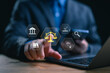 © somyuzu - Legal Professional with Justice Icons. A suited legal professional touches virtual icons symbolizing law, justice, and legal services. business legislation, Notary public, legal advice online, Lawyer