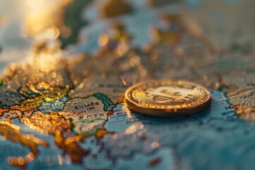 Wall Mural - Close-up of a Bitcoin coin resting on a world map, symbolizing cryptocurrencys global reach and financial influence.