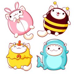 Wall Mural - Cute cats. Collection of lovely kitty in costume of shark, bee, bunny, chicken. Baby set with little pets in kawaii style. Can be used for t-shirt print, sticker, greeting card design. Vector EPS8