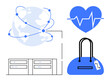 © robu_s - Globe with interconnected nodes, heart with heartbeat line, data servers, and shopping bag with tag. Ideal for technology, health, e-commerce, global network, digital transformation online business