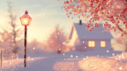 Wall Mural - Cozy winter evening with soft glowing lantern