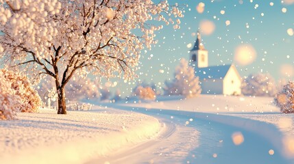 Poster - Winter landscape with snow-covered tree and church