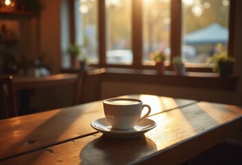 Aufkleber - A cozy coffee shop interior with a warm, inviting atmosphere, featuring a single white cup of coffee on a rustic wooden table, bathed in soft sunlight streaming through large windows