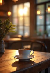 Aufkleber - A cozy coffee shop interior with a warm, inviting atmosphere, featuring a single white cup of coffee on a rustic wooden table, bathed in soft sunlight streaming through large windows