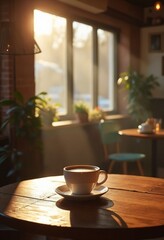 Aufkleber - A cozy coffee shop interior with a warm, inviting atmosphere, featuring a single white cup of coffee on a rustic wooden table, bathed in soft sunlight streaming through large windows
