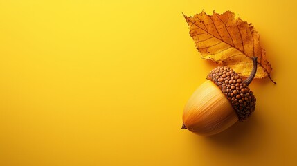 Wall Mural - Acorn with dried leaf on bright yellow background