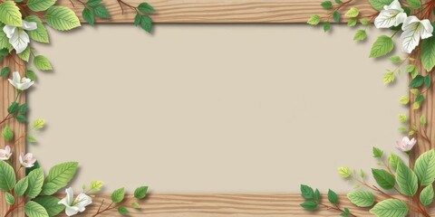 Wall Mural - Green leaves arranged along the border of a rustic wood background, eco-friendly, leaves