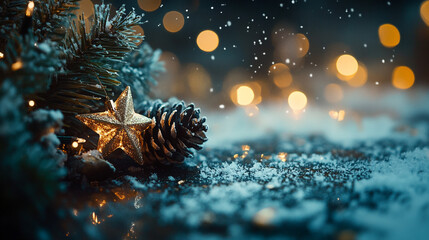 Wall Mural - Decorative pine cone and golden star with snow and glowing lights in a winter setting