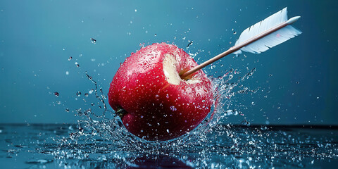 Poster - A red apple is shot through the air with a white arrow