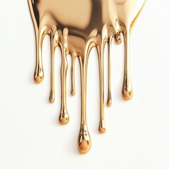 Wall Mural - a golden liquid drips elegantly against a white background, creating a glossy effect.