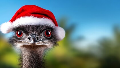 Wall Mural - Red hat on an ostrich. The ostrich is looking at the camera