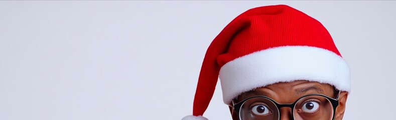 Wall Mural - Man wearing a red Santa hat and glasses is holding a white object. The image conveys a festive and playful mood, as the man is dressed in a Santa hat and he is in a lighthearted and joyful situation