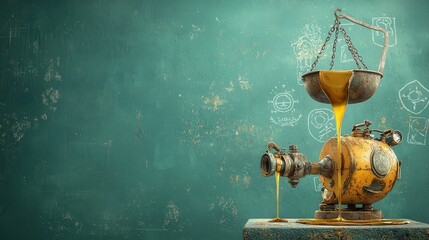 Leinwandbilder - Fuel pump nozzle dripping oil onto balanced scale in industrial setting for visual analysis