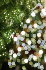 Wall Mural - merry christmas and new year holidays background. blurred bokeh background with light bulbs and chri