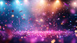 © Pickoloh - Neon spotlight stage background. Disco party projector light concert or show scene. Magic beam glow for nightclub or award winner with confetti glitter. Congratulation performance for celebrity