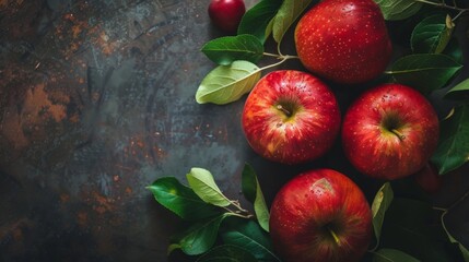 Wall Mural - Red apples with green leaves on rustic surface