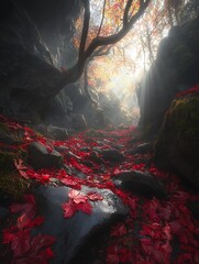 Canvas Print - Sunbeams Illuminate a Mystical Autumn Gorge with Red Maple Leaves.