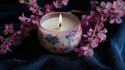 Poster - Handcrafted floral candle with dok khao phansa blooms serene home setting decorative art peaceful ambiance aesthetic appeal