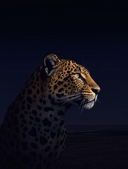 Wall Mural - Dark savannah landscape with a large leopard's head in the center, featuring a subtle gradient background, grasslands, wild animal, fauna., photo