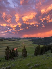 Poster - Dramatic Sunset over Rolling Green Hills and Winding River in Montana.