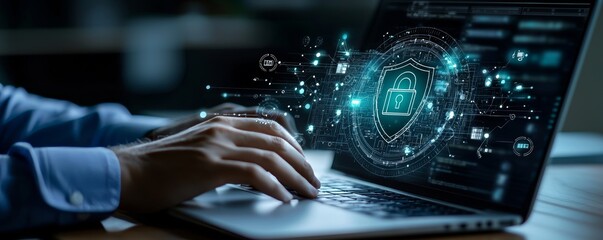 Aufkleber - A professional working on a smartphone and laptop, dealing with firewall security, data encryption, and ensuring safe access to personal information online.