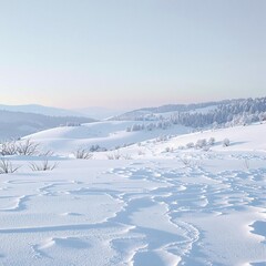 Wall Mural - Empty landscape with snow-covered trees and hills in the distance , peaceful, landscape, snowy