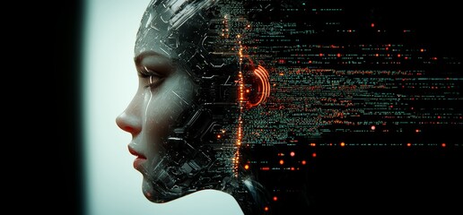 Aufkleber - A dual exposure of a businesswoman and the Big Data concept, depicting a digital neural network, stock market introduction, and the future of cyberspace, underscoring innovation and science in