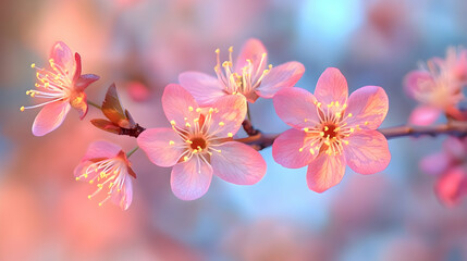 Wall Mural - Delicate Cherry Blossom Blooms with Soft Pink Petals on a Branch Against a Dreamy Pastel Background