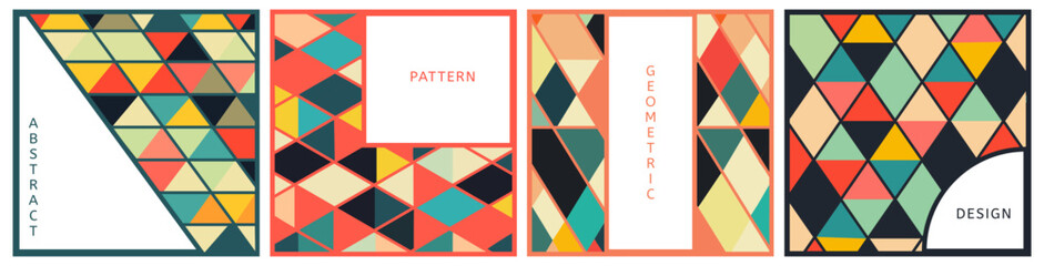 Wall Mural - Abstract modern mosaic geometric square shape patterns set. Circles triangles. Bright colors. place for text. Cover posters flyers invitations design template. Minimalist flat style vector