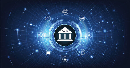 Fototapete - Online banking technology concept.Isometric illustration of bank on electric circuit lines background.Digital connect system.Financial technology concept.Vector illustration.EPS 10.	