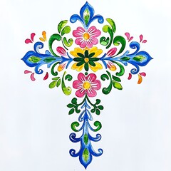 Canvas Print - Watercolor Painting of a Colorful Floral Cross Design.