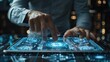 © hazia - Close-up of hands interacting with futuristic holographic tablet interface.