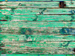 Wall Mural - Vibrant textured wooden planks with green paint exhibiting rustic charm and natural imperfections in an outdoor setting