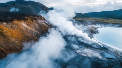 Poster - Aerial view of steaming volcanic landscape with lake