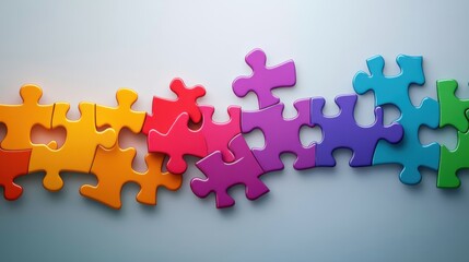 Wall Mural - a cascade of interlocking colorful puzzle pieces forming a complete image, symbolizing the integrati