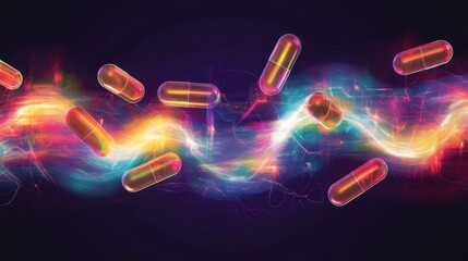Wall Mural - Vibrant Digital Art of Floating Capsules in Neon Lights