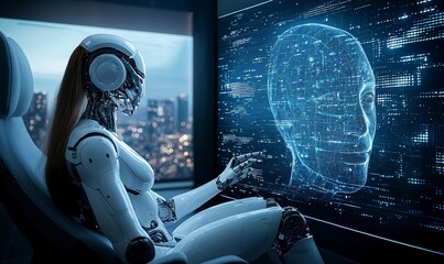 Poster - A 3D rendering of a robot hand touching a human hand against a dark background.