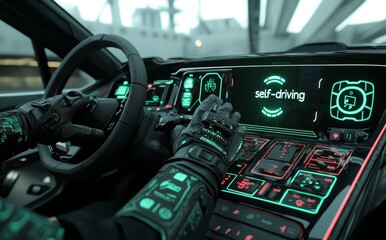 Fototapete - The driver of an autonomous car is seated in the driver's seat of the vehicle. The car is traveling on a busy highway road in the city. This is a concept of machine learning, stock, and augmented