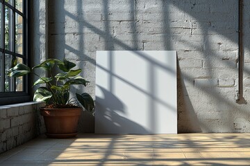 Aufkleber - An empty white vertical rectangle poster or business card mockup with diagonal window shadow on a smooth gray concrete wall. It is intended to be used for advertising, brand design, and stationery