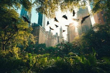 Sticker - Birds fly through sunlit city park.