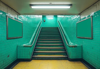 Poster - A mockup of three vertical billboards on the wall of an underground stairwell. Three hoardings advertising in the white tiles of the tunnel interior.