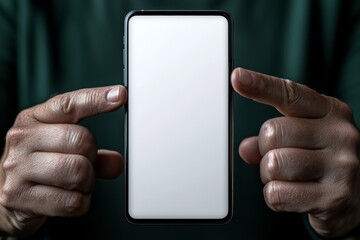 Poster - A mockup featuring a beautiful woman pointing at a mobile phone with a plain white screen.