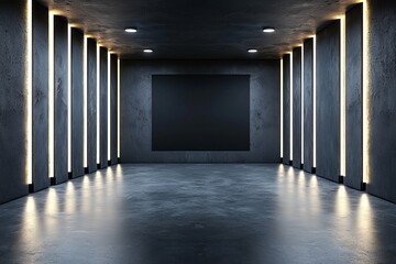 Aufkleber - A trendy black room with LED lights on the walls showcases a black partition with a central empty space. 3D rendering, mockup.