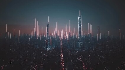 Fototapete - Modern futuristic smart city concept in space with abstract red blue background. Computer information system communication, internet of things, internet of things communications.