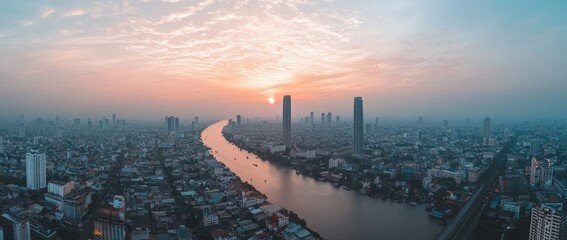 Fototapete - Business and technology modern telecommunication wireless digital network access control, information internet graphical icon hologram, copy sky banner communication city sunset background.