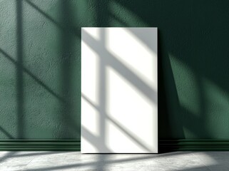 Aufkleber - A vertical white poster mockup with an empty space, cast with soft hawthorn leaf shadows, on a neutral light grey concrete wall. Flat lay, top view, 3D illustration.