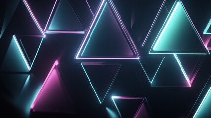 Wall Mural - Futuristic Neon Triangle Shapes Illuminating Dark Background