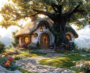 Wall Mural - A whimsical fairy-tale style rabbit cottage with a thatched roof round windows and a courtyard with a grand oak tree in warm beige and light brown hues