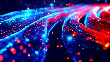 Wall Mural - Flow of data through fiber optics: aesthetic conceptual visualization of big data transfer, showcasing the dynamic movement of information in a high-tech digital network. Generative AI
