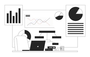 Wall Mural - Corporate analysis workspace laptop black and white 2D illustration concept. Pie charts bar graph notebook desk chair. Review diagrams outline background isolated. Metaphor monochrome vector art